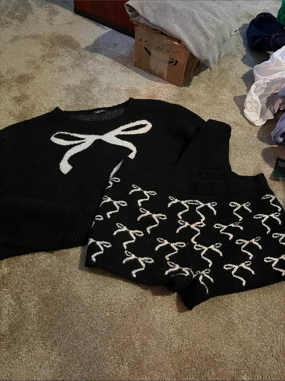 wild fable Black and White Bow Knit Sweater + Shorts Set